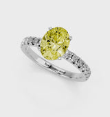 Platinum Fancy Yellow Oval  Solitaire Pave Diamond Engagement Ring with Four-Prong Setting