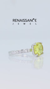 Silver Cushion Cut Yellow Sapphire Pave Band Solitaire Ring with Round  and Prong Setting