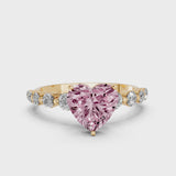 Yellow gold Fancy Pink Heart Cut Solitaire Diamond Ring with Pave Band and Four-Prong Setting