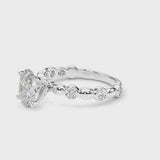 Silver Oval Solitaire Bezel-Set Diamond Ring with Beaded Band and Four-Prong Setting