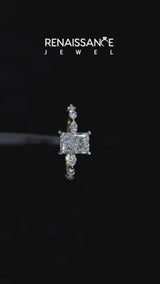 Yellow gold Radiant Cut Diamond Ring with Marquise Side Stones and Prong Setting