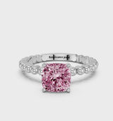 Platinum Fancy Pink Cushion Cut Diamond Solitaire Ring with Beaded Band and Prong Setting