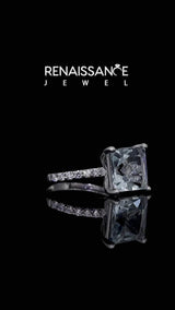Silver Princess Cut Aquamarine Solitaire Ring with Round  Pavé Band and Prong Setting