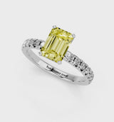 White gold Fancy Yellow Emerald  Solitaire Pave Diamond Engagement Ring with Four-Prong Setting