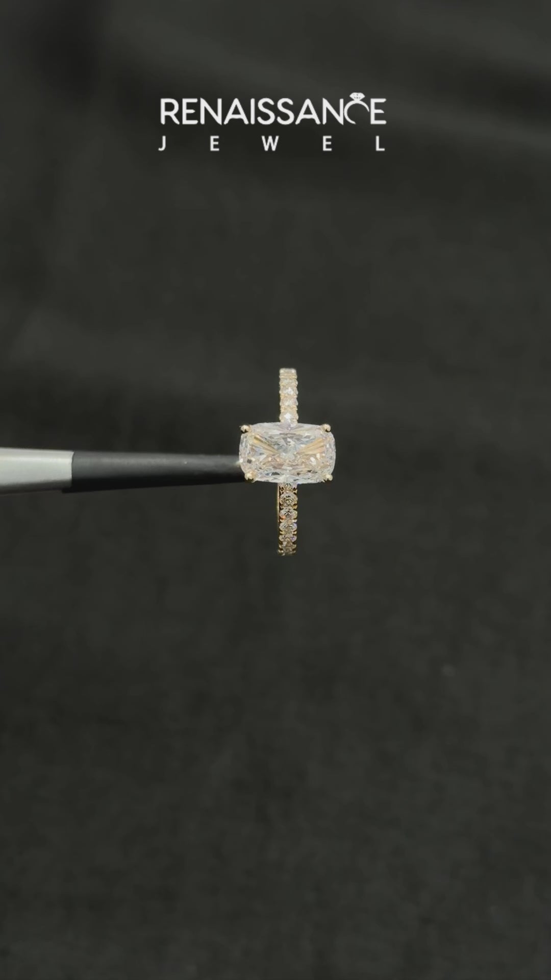 Yellow gold Cushion Cut Diamond Pave Band Solitaire Ring with Four-Prong Setting_18