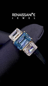 Yellow gold Three-Stone Fancy Blue Emerald Cut Diamond Engagement Ring with Prong Setting