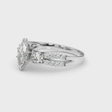 Platinum Marquise Cut Diamond Three-Stone Ring with Pavé Split Shank and Four-Prong Setting