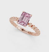 Rose gold Fancy Pink Emerald Cut Diamond Solitaire Ring with Beaded Band and Prong Setting