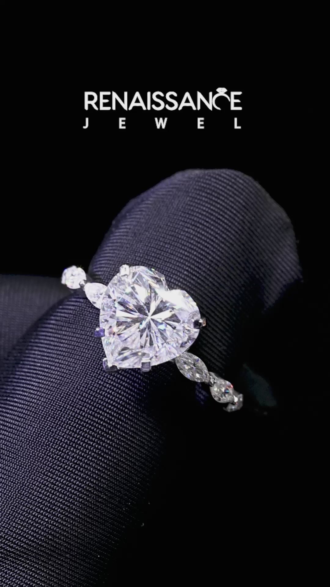 Silver Heart Cut Moissanite Ring with Marquise Side Stones and Prong Setting_13