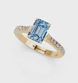 Yellow gold Fancy Blue Emerald  Cut Solitaire Diamond Engagement Ring with Pave Band and Four-Prong Setting