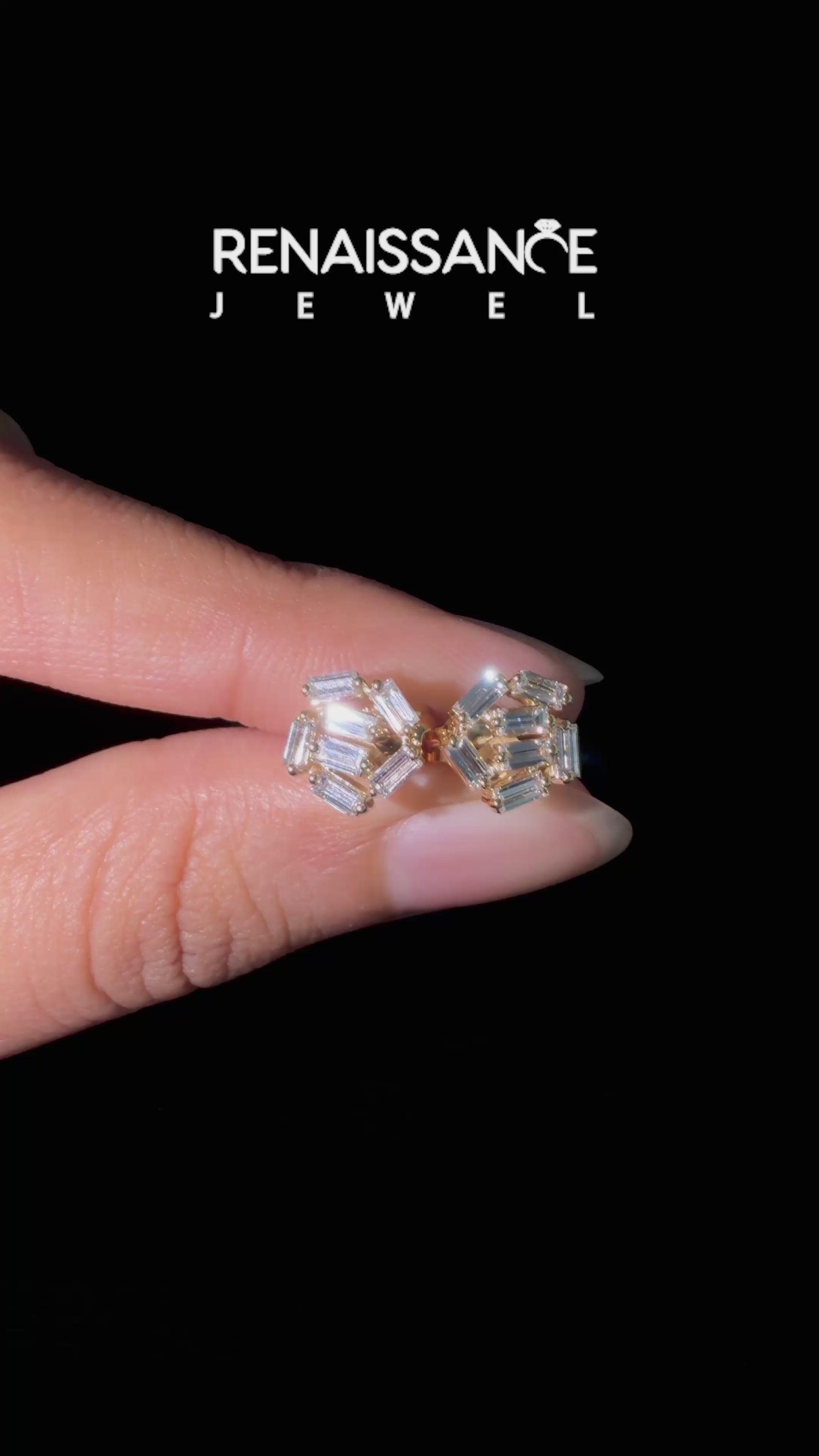 Yellow gold Baguette Diamond Cluster Stud Earrings_4