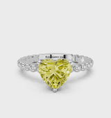 White gold Fancy Yellow Heart Cut Diamond Solitaire Ring with Beaded Band and Prong Setting