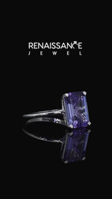 Silver Emerald Cut Tanzanite Solitaire Engagement Ring with Round Band and Four-Prong Setting