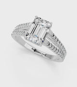 White gold Emerald Cut Diamond Solitaire Engagement Ring with Split Shank Pavé Band
