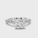 Silver Princess Cut Solitaire Diamond Ring with Pave Band and Four-Prong Setting