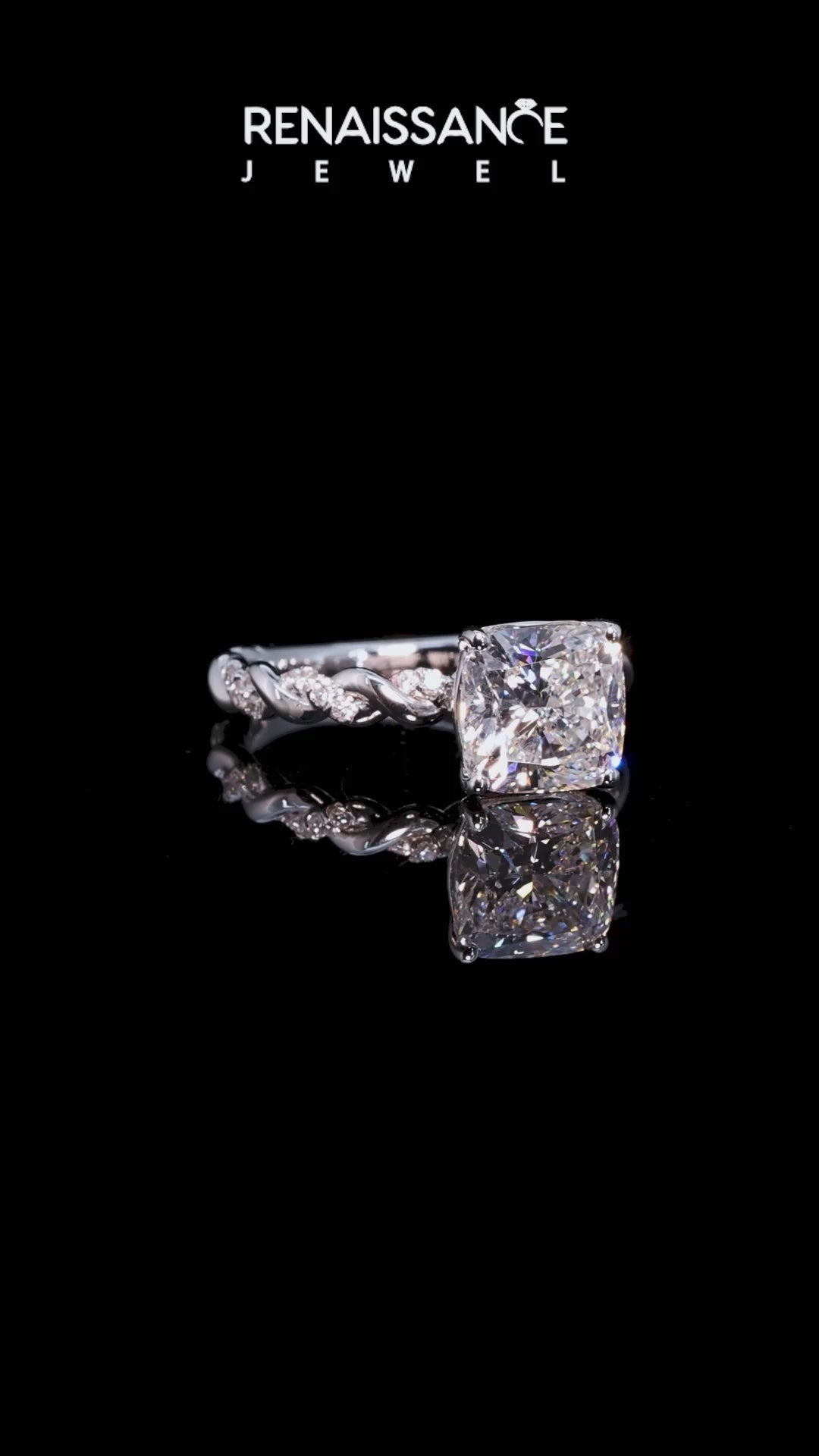 White gold Cushion Solitaire Twisted Band with Pavé Accents and Four-Prong Setting_22