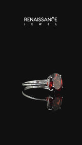 Silver Oval Cut Garnet Solitaire Engagement Ring with Classic Band and Four-Prong Setting