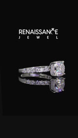 White Gold Cushion Cut Moissanite Hidden Halo Engagement Ring with Pave Band