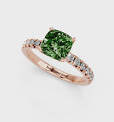 Rose gold Fancy Green Cushion  Solitaire Pave Diamond Engagement Ring with Four-Prong Setting