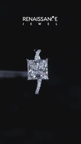 Platinum Asscher Cut Twist Band Solitaire Diamond Ring with Pavé Setting