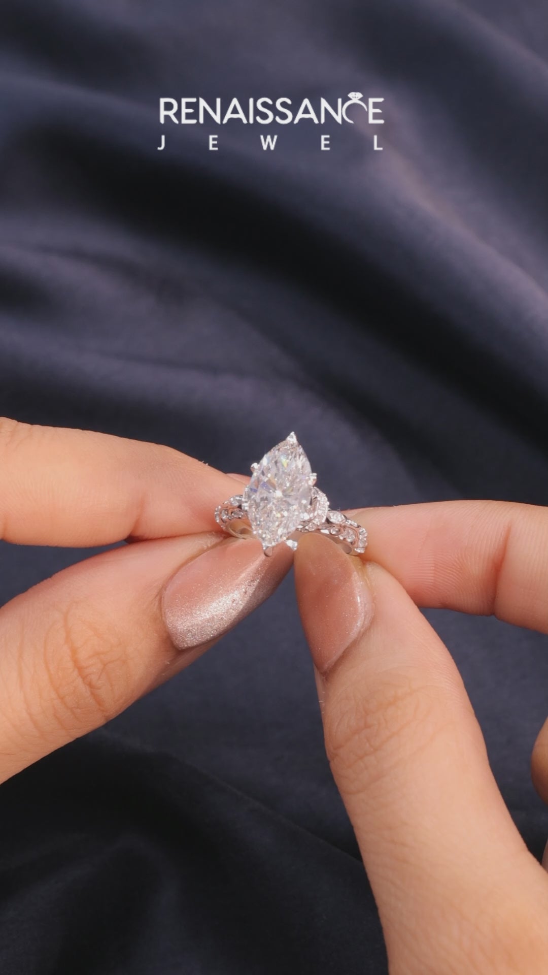 White gold Marquise Solitaire Diamond Ring with Filigree Band and Four-Prong Setting_25