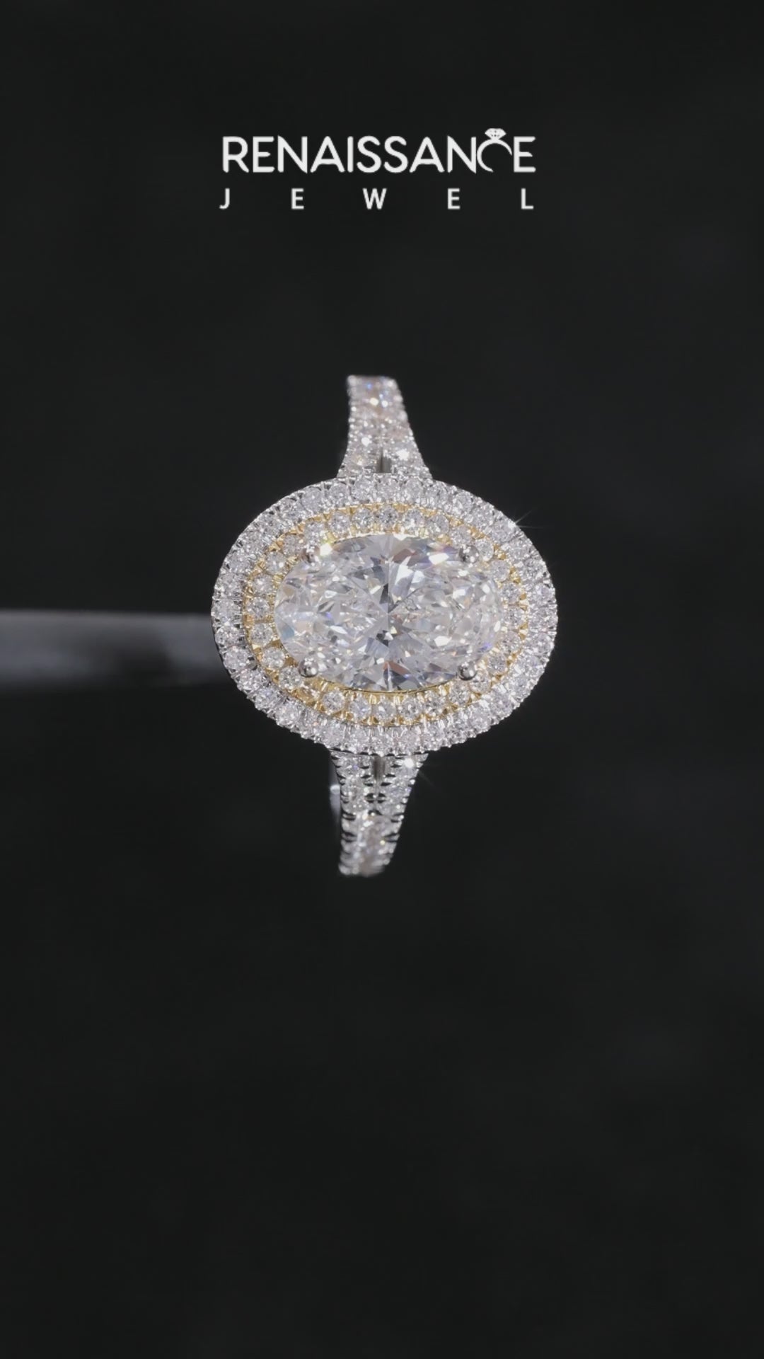 Yellow gold Double Halo Oval Cut Split Shank Diamond Ring with Four-Prong Setting_7