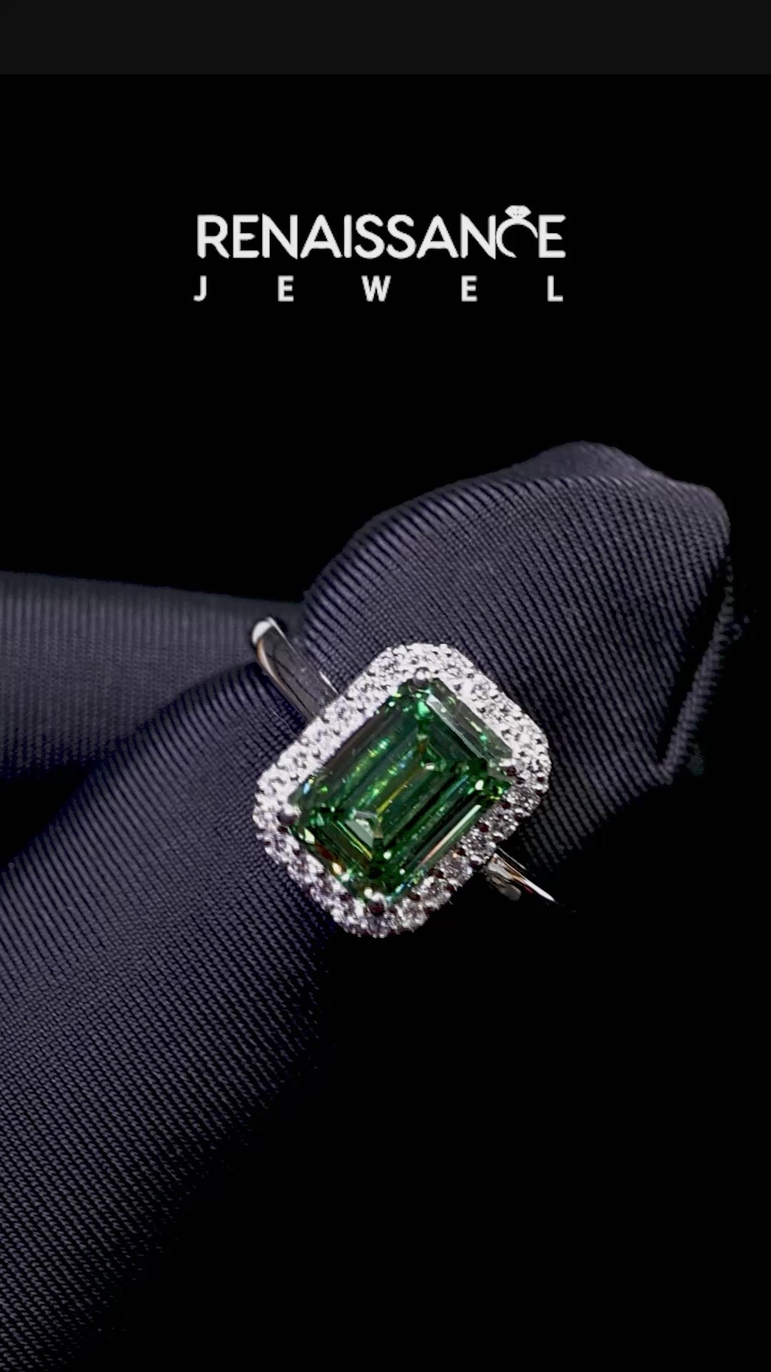 Platinum Fancy Green Emerald Cut Halo Diamond Ring with Solitaire Band and Prong Setting_12