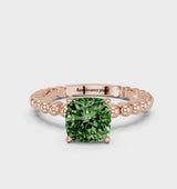 Rose gold Fancy Green Cushion Cut Diamond Solitaire Ring with Beaded Band and Prong Setting