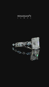 White gold Radiant Cut Diamond Ring with Marquise and Round with Aquamarine side stone Side Stones and Four-Prong Setting