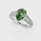 Silver Fancy Green Pear Cut Diamond Solitaire Engagement Ring with Split Shank Pavé Band