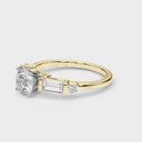 Yellow gold Asscher Cut Diamond Ring with Baguette Side Stones, Channel Set Band, and Four-Prong Setting