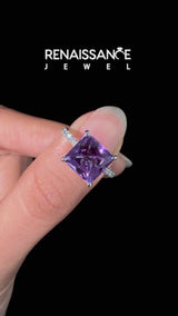 Silver Princess Cut Amethyst Solitaire Ring with Round  Pavé Band and Prong Setting