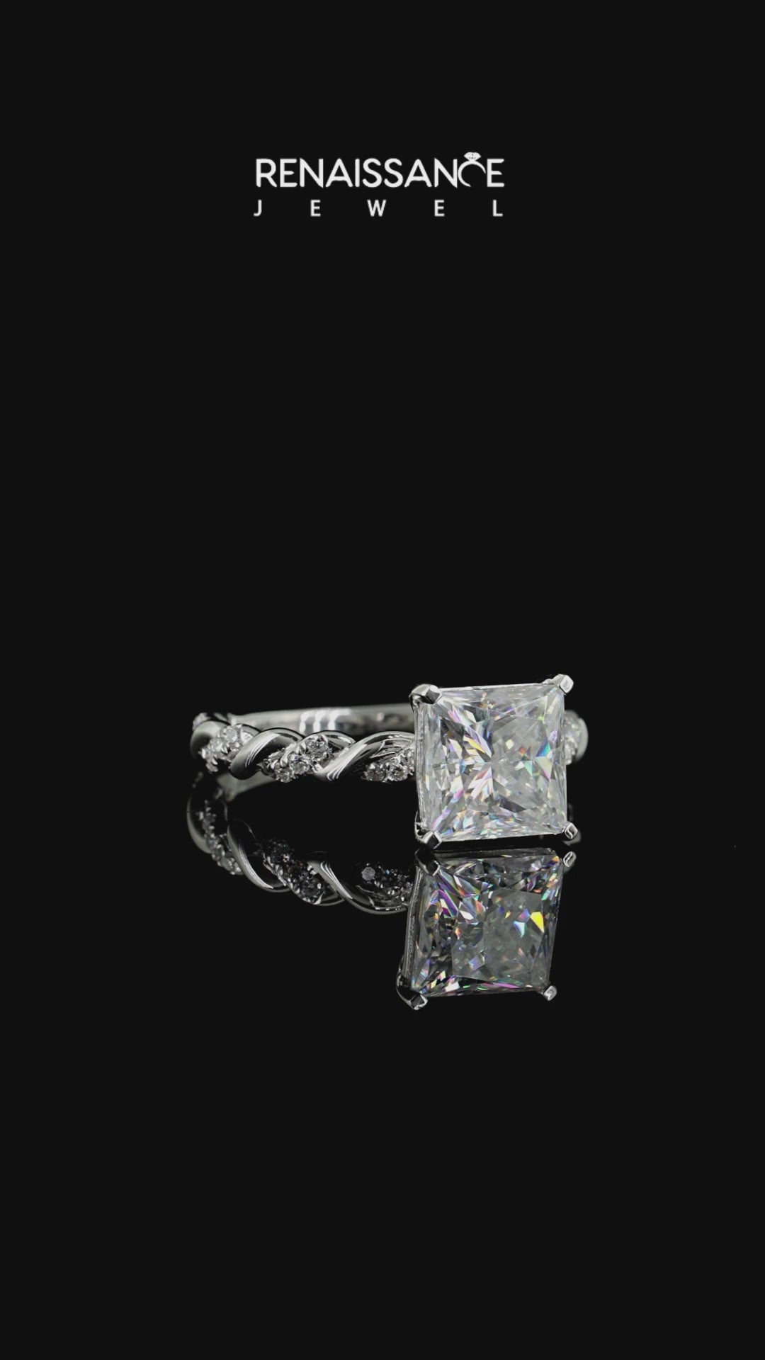 Silver Princess Cut Moissanite Solitaire Ring with Twisted Band and Pavé Accents_14