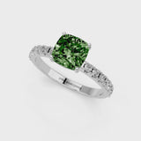 Platinum Fancy Green Cushion Cut Diamond Solitaire Pavé Band with Four-Prong Setting