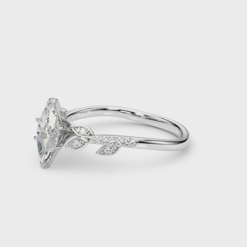 Silver Marquise Solitaire Leaf-Inspired Diamond Ring with Pavé Band and Four-Prong Setting 3