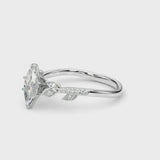 Platinum Marquise Solitaire Leaf-Inspired Diamond Ring with Pavé Band and Four-Prong Setting