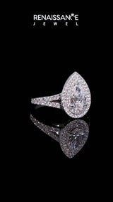 White gold Pear Cut Diamond Double Halo Ring with Split Shank and Prong Setting