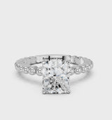 Platinum Radiant Cut Diamond Solitaire Ring with Beaded Band and Prong Setting