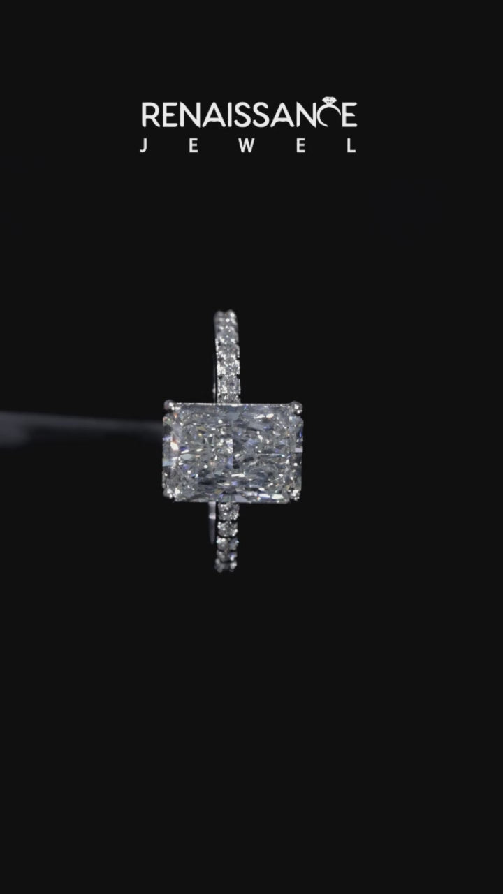 White gold Radiant Cut Diamond Ring with Pavé Band and Four-Prong Setting 3