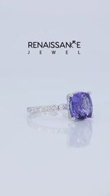 Silver Cushion Cut Tanzanite Pave Band Solitaire Ring with Round  and Prong Setting