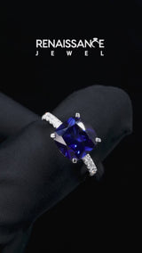 Silver Cushion Cut Blue Sapphire Pave Band Solitaire Ring with Round  and Prong Setting