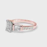 Rose gold Emerald Cut Diamond Engagement Ring with Baguette Side Stones and Channel Set Band