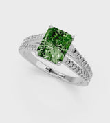 White gold Fancy Green Radiant Cut Diamond Solitaire Engagement Ring with Split Shank Pavé Band