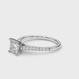 White gold Princess Cut Solitaire Diamond Ring with Pave Band and Four-Prong Setting