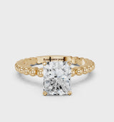 Yellow gold Radiant Cut Diamond Solitaire Ring with Beaded Band and Prong Setting