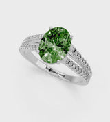 Platinum Fancy Green Oval Cut Diamond Solitaire Engagement Ring with Split Shank Pavé Band