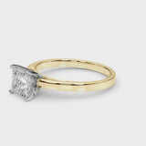 Yellow gold Princess Solitaire Diamond Engagement Ring with Four-Prong Setting on a Classic Band