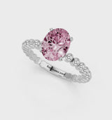 Silver Fancy Pink Oval Cut Diamond Solitaire Ring with Beaded Band and Prong Setting