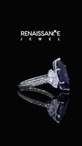 Silver Three-Stone Marquise Cut Blue Sapphire Ring with Round  Pavé Band and Prong Setting