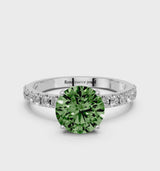 White gold Fancy Green Round Cut Diamond Solitaire Pavé Band with Four-Prong Setting